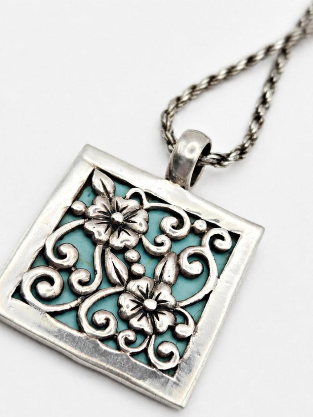 Vintage Reversible Turquoise Sterling Necklace Floral Pendant Italian Rope Chain